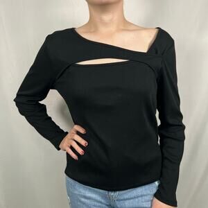 A New Day Black Ribbed Long Sleeve Asymmetric Keyhole Top Size Large